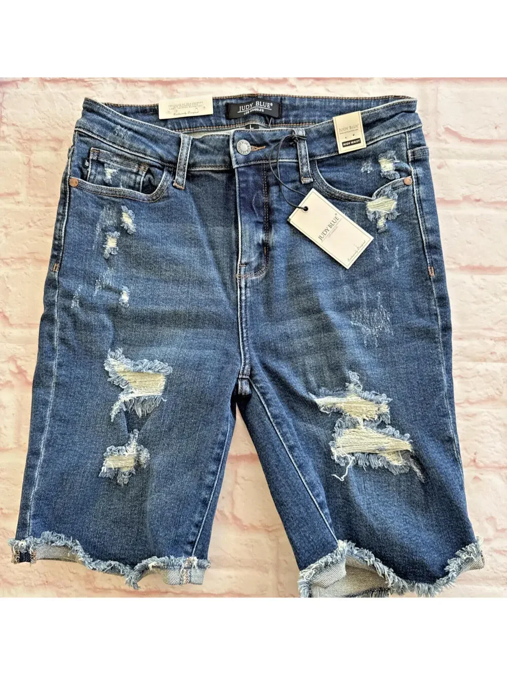 Judy Blue JB150045 Distressed High Waist Dark Blue Denim Jean Cutoff Shorts L - Picture 1 of 8